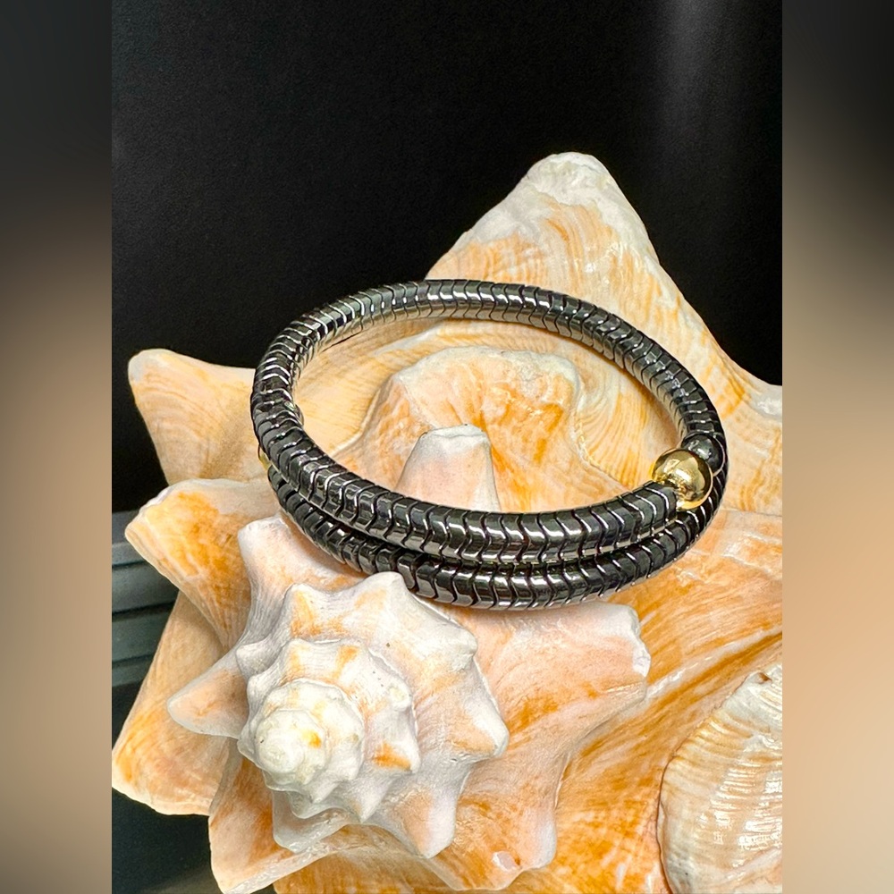 SNAKE HEMATITE + GOLD FILLED  STONES CUFF BRACELET Size 7” up to 7.5”